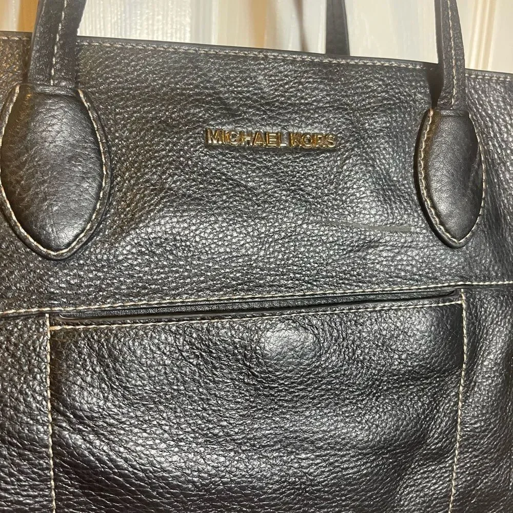 Michael Kors Black Leather Shoulder Bag with side drawstring gold tone hardwares